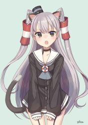 Rule 34 | 1girl, amatsukaze (kancolle), animal ears, black dress, blush, cat ears, cat girl, cat tail, dress, garter straps, green background, hair tubes, kantai collection, long hair, long sleeves, looking at viewer, open mouth, sailor collar, sailor dress, signature, silica (silica silylate), silver hair, simple background, solo, tail, two side up, upper body, white sailor collar