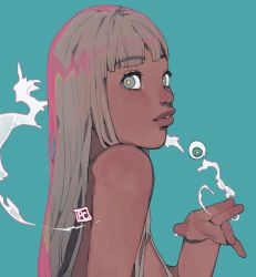 Rule 34 | 1girl, aqua background, aqua eyes, blunt bangs, blush, bright pupils, commentary, dark-skinned female, dark skin, english commentary, francesca fedele, from side, highres, lips, long hair, looking at viewer, original, simple background, solo, upper body