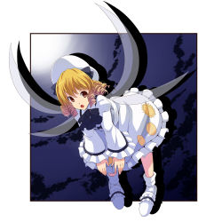 Rule 34 | 1girl, bad id, bad pixiv id, blonde hair, dress, drill hair, female focus, full body, gradient background, hat, highres, luna child, red eyes, slippers, solo, touhou, tsuttsu, white dress, wings