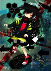 Rule 34 | 1girl, black hair, collared jacket, enomoto takane, gas mask, headphone actor (vocaloid), jacket, kagerou project, long hair, mask, meega, red eyes, shoes, sneakers, solo, twintails, vocaloid