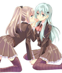 Rule 34 | 10s, 2girls, :o, all fours, aqua eyes, aqua hair, arm support, blazer, blue eyes, brown hair, brown skirt, collared shirt, eye contact, female focus, formal, frilled skirt, frills, hair between eyes, hair ornament, hairclip, heart, holding hands, imminent kiss, jacket, kantai collection, kodama naoko, kumano (kancolle), long hair, long sleeves, looking at another, looking at viewer, multiple girls, open mouth, pleated skirt, ponytail, school uniform, shirt, sidelocks, simple background, sitting, skirt, striped legwear, suit, suzuya (kancolle), thighhighs, wariza, white background, yuri