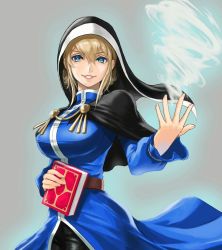 Rule 34 | 1girl, anagumasan, belt, blonde hair, blue eyes, book, capelet, goeniko, holding, holding book, long sleeves, priestess, snk, solo, the king of fighters, wind