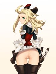 Rule 34 | 1girl, armor, armored dress, ass, back, blonde hair, boots, bow, bravely default: flying fairy, bravely default (series), cleft of venus, edea lee, from behind, gloves, green eyes, hair bow, highres, hou (hachiyou), katana, long hair, looking at viewer, looking back, no legwear, no panties, pussy, simple background, solo, standing, sword, thigh boots, thighhighs, thighs, uncensored, weapon, white background