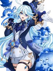 Rule 34 | 1girl, :d, ahoge, ascot, black gloves, blue ascot, blue eyes, blue hair, blue hat, blue jacket, cowboy shot, fgsketch, furina (genshin impact), genshin impact, gentilhomme usher, gloves, hat, highres, holding, jacket, long hair, long sleeves, looking at viewer, mademoiselle crabaletta, open mouth, short shorts, shorts, smile, solo, standing, surintendante chevalmarin, thigh strap, thighs, top hat, very long hair, white gloves, white shorts