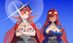 2girls bandages blush breasts cape censored cleavage closed_eyes commentary cosplay crossed_arms doro_(nikke) goddess_of_victory:_nikke goggles goggles_on_head highres horns jacket jewelry kamina_(ttgl) kamina_(ttgl)_(cosplay) long_hair multiple_girls necklace novelty_censor rapi_(nikke) rapi_(red_hood)_(nikke) red_hair red_hood_(nikke) simon_(ttgl) simon_(ttgl)_(cosplay) smile sunglasses wge