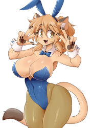 Rule 34 | 1girl, :3, absurdres, animal ears, ass, blue leotard, breasts, cat ears, cat girl, cat tail, cleavage, covered navel, curvy, detached collar, fake animal ears, fang, furry, goya (lucyfer), happy, highleg, highleg leotard, highres, large breasts, leotard, long hair, looking at viewer, lucyfer, nail polish, navel, open mouth, original, pantyhose, playboy bunny, ponytail, rabbit ears, shiny clothes, simple background, smile, tail, thighs, thong leotard, v, white background, wide hips