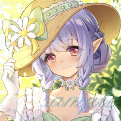 Rule 34 | blue border, blurry, blurry background, border, bow, braid, choker, collarbone, dot nose, dress, embroidery, flower, frills, gloves, green dress, hair bun, hat, hat bow, highres, holding, holding clothes, holding hat, jm hongmigao, looking at viewer, original, pointy ears, portrait, purple hair, red eyes, sample watermark, smile, sun hat, twin braids, watermark, white gloves