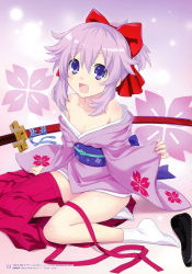 Rule 34 | 1girl, absurdres, alternate costume, alternate hairstyle, bare shoulders, breasts, choujigen taisen neptune vs sega hard girls, cleavage, cosplay, d-pad, d-pad hair ornament, from side, glowing, gradient background, hair between eyes, hair ornament, hair ribbon, hakama, hakama skirt, highres, hip vent, japanese clothes, katana, kimono, looking at viewer, neptune (neptunia), neptune (series), official art, open mouth, parted bangs, pink background, ponytail, purple background, purple eyes, purple hair, ribbon, sakura taisen, sheath, sheathed, shinguuji sakura, shinguuji sakura (cosplay), shoes, unworn shoes, sitting, skirt, small breasts, smile, socks, sword, tsunako, undressing, weapon, white socks
