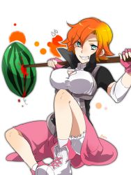Rule 34 | 1girl, asymmetrical bangs, bloomers, blue eyes, breasts, character name, cleavage cutout, clothing cutout, fingerless gloves, food, foreshortening, fruit, full body, gloves, grin, hair over one eye, holding, looking at viewer, nora valkyrie, orange hair, pink gloves, rwby, shoes, short hair, siroirohituji, sitting, smile, solo, tsurime, underwear, watermelon, white background