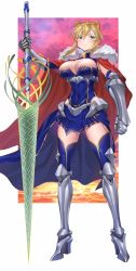 Rule 34 | 1girl, ahoge, armor, armored boots, artoria pendragon (fate), artoria pendragon (lancer) (fate), bare shoulders, blonde hair, blue gloves, blue leotard, blue skirt, blush, boots, braid, breasts, cape, cleavage, covered navel, crown, fate/grand order, fate (series), faulds, french braid, full body, fur-trimmed cape, fur trim, gauntlets, gloves, greaves, green eyes, hair between eyes, highres, lance, large breasts, leotard, long hair, looking at viewer, maratan, miniskirt, orange sky, polearm, red cape, rhongomyniad (fate), sidelocks, skirt, sky, solo, swept bangs, thighhighs, twilight, underbust, weapon