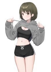 Rule 34 | 1girl, :o, black shorts, breast cutout, breasts, cleavage, cowboy shot, dolphin shorts, green eyes, green hair, grey hoodie, groin, highres, holding, hood, hoodie, idolmaster, idolmaster shiny colors, looking at viewer, looking to the side, midriff, nanakusa nichika, navel, short hair, shorts, sideways glance, simple background, solo, sports bra, syhan, white background