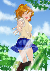 Rule 34 | 1girl, artist name, artist request, bare legs, black footwear, black legwear, blue eyes, blue skirt, blue sky, blush, bow, bowtie, breasts, checkered clothes, checkered skirt, cloud, collared shirt, closed eyes, female focus, from behind, hair between eyes, highres, kosaka honoka, looking at viewer, looking back, love live!, love live! school idol project, miniskirt, orange hair, otonokizaka school uniform, outdoors, parted lips, plaid, plaid skirt, pleated, pleated skirt, ponytail, reaching, reaching towards viewer, red bow, school uniform, shirt, shoes, short sleeves, side ponytail, skirt, sky, small breasts, smile, solo, standing, standing on one leg, striped, striped bow, sunlight, sweater vest, vest, white shirt, yellow bow, yellow vest