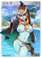 Rule 34 | 1girl, breasts, cleft of venus, colored skin, female pubic hair, front ponytail, green skin, hair ornament, hair scrunchie, hairclip, itsdatskelebutt, large breasts, lips, midna, midna (true), moon (zelda), navel, nintendo, nipples, nude, orange hair, pubic hair, purple lips, pussy, red eyes, scrunchie, smile, solo, standing, sweat, the legend of zelda, the legend of zelda: twilight princess, third-party edit, tiara, toned, towel, uncensored, water