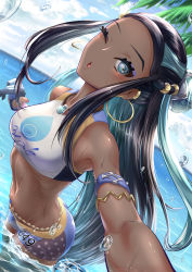 Rule 34 | 1girl, absurdres, aqua eyes, armlet, ass, bikini, black gloves, breasts, bro.you-yan, cloud, creatures (company), dark-skinned female, dark skin, earrings, eyeshadow, game freak, gloves, gyaru, hair bun, highres, hoop earrings, jewelry, kogal, long hair, looking at viewer, makeup, medium breasts, multicolored hair, navel, necklace, nessa (pokemon), nintendo, ocean, one eye closed, open mouth, outstretched arm, partially fingerless gloves, partially submerged, pokemon, pokemon swsh, sky, solo, swimsuit, taking picture, tankini, two-tone gloves, two-tone hair, water drop, wet, white gloves