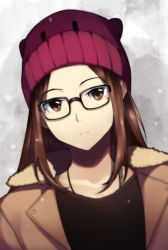 Rule 34 | 1girl, beanie, black-framed eyewear, black shirt, brown coat, brown eyes, brown hair, closed mouth, coat, collarbone, commentary, dutch angle, english commentary, expressionless, forehead, fur collar, glasses, grey background, hat, hentaki, long hair, mole, mole under eye, open clothes, open coat, original, portrait, purple hat, shirt, sidelocks, solo