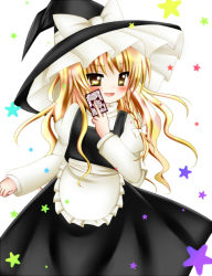 Rule 34 | 1girl, apron, blonde hair, blush, bow, braid, female focus, hair bow, hat, hexagram, kirisame marisa, long hair, long sleeves, looking at viewer, nagisuke, open mouth, solo, spell card, star (symbol), touhou, vest, witch, witch hat, yellow eyes