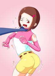 Rule 34 | 1girl, asphyxiation, ass, bare shoulders, bike shorts, brown hair, choking, digimon, digimon adventure 02, elbow gloves, gloves, hair ornament, hairclip, jiggle, looking down, open mouth, red eyes, shiny clothes, short hair, solo focus, translation request, yagami hikari, yorotoru