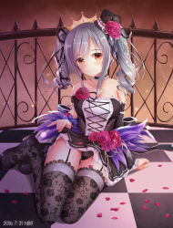 Rule 34 | 10s, 1girl, black panties, breasts, checkered floor, cleavage, detached sleeves, drill hair, floral print, frilled thighhighs, frills, garter straps, gothic lolita, hat, idolmaster, idolmaster cinderella girls, kanzaki ranko, lace, lace legwear, lace panties, lolita fashion, long hair, napalmbit, panties, petals, print thighhighs, red eyes, rose petals, silver hair, smile, solo, thighhighs, tiara, twin drills, twintails, underwear