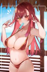 Rule 34 | 1girl, bad id, bad twitter id, bikini, blurry, blurry background, blush, breasts, cleavage, cowboy shot, food, food in mouth, groin, hair between eyes, halterneck, heterochromia, highres, hololive, houshou marine, houshou marine (summer), large breasts, long hair, looking at viewer, mouth hold, navel, popsicle, red bikini, red eyes, red hair, solo, standing, stomach, string bikini, swimsuit, uo illust, virtual youtuber, yellow eyes