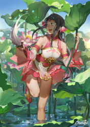 Rule 34 | 1girl, :d, bad id, bad pixiv id, bare shoulders, black hair, ching nu yu hun, ching nu yu hun 2, day, detached sleeves, dress, flower, hair flower, hair ornament, holding, leaf, leaning forward, light particles, long sleeves, looking away, lotus, open mouth, original, pink hair, shade, shoes, short dress, signature, sky, smile, solo, standing, standing on one leg, thigh gap, wading, water, water drop, wide sleeves, yuukaku