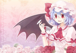 Rule 34 | 1girl, bad id, bad pixiv id, bat wings, blue hair, bow, chocho (homelessfox), cup, dress, drinking glass, fang, female focus, flower, hat, multicolored flower, multicolored rose, open mouth, pink flower, pink rose, red eyes, red flower, red rose, remilia scarlet, rose, short hair, smile, solo, spill, touhou, white flower, white rose, wine glass, wings, wrist cuffs, wristband