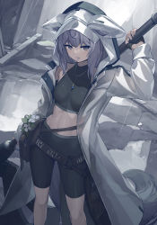 Rule 34 | 1girl, ahoge, animal ears, asicah, black gloves, black shorts, black sports bra, breasts, brown bag, candy, coat, ears through headwear, feet, fingerless gloves, food, gloves, hand up, highres, holding, holding weapon, hood, hooded coat, jewelry, lollipop, long sleeves, long tail, mouth hold, necklace, open clothes, open coat, original, pouch, puddle, purple eyes, purple hair, rain, see-through, see-through coat, shorts, small breasts, solo, sports bra, tail, water, weapon, weapon behind back, white coat
