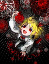 Rule 34 | 1girl, ahoge, arm support, arm up, black background, black dress, blonde hair, blood, blood on face, blouse, bobbles, chamaruk, chinese lantern (plant), commentary request, darkness, dress, dripping, fang, flower, frilled shirt collar, frills, from above, hair ribbon, happy, heart, highres, holding, holding flower, holding organ, holding plant, long sleeves, nail polish, outstretched arms, plant, red eyes, red footwear, red nails, red neckwear, ribbon, rumia, shadow, shirt, short hair, sidelocks, sitting, solo, striped, touhou, wariza, white shirt, wide-eyed