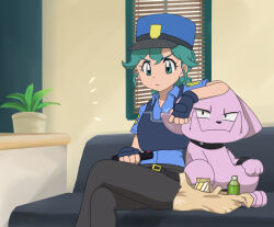 Rule 34 | 1girl, arm on another&#039;s head, bag, belt, black belt, black gloves, black pants, black vest, blue hat, blue shirt, bottle, closed mouth, collared shirt, controller, creatures (company), crossed legs, enohito, eyelashes, fingerless gloves, food, game freak, gen 2 pokemon, gloves, granbull, green eyes, grocery bag, hat, holding, holding remote control, indoors, jenny (pokemon), nintendo, pants, plant, pokemon, pokemon (anime), pokemon (creature), pokemon sm (anime), police, police uniform, potted plant, remote control, sandwich, shirt, shopping bag, uniform, vest, window blinds