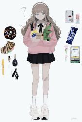 Rule 34 | 1girl, ?, black ribbon, blue eyes, blue skirt, brown hair, car keys, carrying, closed mouth, doughnut, food, full body, hairband, hard drive, highres, id card, long hair, looking at viewer, milky way, neck ribbon, original, orval, pen, pink sweater, pleated skirt, ribbon, simple background, skirt, socks, solo, star (sky), stuffed dinosaur, sweater, white background, white footwear, white hairband, white socks