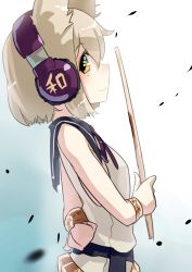 Rule 34 | 1girl, bad perspective, bare shoulders, bracelet, breasts, earmuffs, hashiro, holding, holding stick, jewelry, light brown hair, looking at viewer, one-hour drawing challenge, pointy hair, profile, ritual baton, short hair, sideways glance, simple background, small breasts, smile, solo, stick, touhou, toyosatomimi no miko, yellow eyes