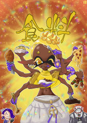 Rule 34 | 1boy, 2girls, ;q, arm up, asymmetrical hair, big man (splatoon), blonde hair, blue hair, blue shawl, breasts, chicken (food), chicken leg, chopsticks, closed mouth, colored skin, colored tongue, commentary request, cowboy shot, crop top, dark-skinned female, dark skin, drooling, earrings, extra arms, eyelashes, fang, fang out, food, food-themed hair ornament, forehead, fork, frye (splatoon), gradient hair, hachimaki, hair ornament, handheld game console, harem pants, headband, hokkamuri, holding, holding chopsticks, holding food, holding fork, holding handheld game console, holding pizza, holding plate, holding shovel, holding spoon, inkling, jewelry, kebab, licking lips, long hair, looking at viewer, manta ray, medium breasts, midriff, multicolored hair, multicolored skin, multiple earrings, multiple girls, namuro, navel, nejiri hachimaki, nintendo, nintendo switch, octoling, one eye closed, orange background, outline, pants, pizza, pizza slice, plate, pointy ears, purple hair, purple skin, purple tongue, rice, shawl, shirt, shiver (splatoon), shovel, skewer, sleeveless, sleeveless shirt, sleeveless turtleneck, smile, splatoon (series), splatoon 3, spoon, star-shaped pupils, star (symbol), stomach, symbol-shaped pupils, tentacle hair, tongue, tongue out, turtleneck, white outline, white pants, yellow background, yellow eyes, yellow shawl, yellow shirt