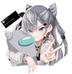 Rule 34 | 1girl, 1other, among us, arm hug, asymmetrical bangs, black ribbon, braid, cheek squash, cone hair bun, crewmate (among us), dress, ear piercing, french braid, grey eyes, grey hair, hair bun, hair ribbon, highres, hololive, hololive indonesia, looking at viewer, piercing, ribbon, ric (ric rkgk), screenshot inset, side ponytail, simple background, smile, solo, strapless, strapless dress, tweet, upper body, v, vestia zeta, virtual youtuber, white background, white dress
