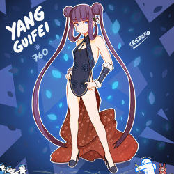 Rule 34 | 1girl, absurdly long hair, blue eyes, blunt bangs, breasts, chinese clothes, english text, fate/grand order, fate (series), hair rings, hands on own hips, high heels, long hair, purple hair, shoes, small breasts, srgrafo, twintails, very long hair, yang guifei (fate)