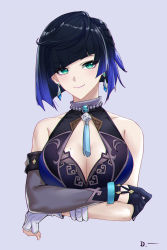Rule 34 | 1girl, absurdres, aqua eyes, asymmetrical gloves, bare shoulders, black gloves, blue hair, bob cut, bracelet, braid, breasts, cleavage, closed mouth, cropped torso, crossed arms, dark blue hair, dice, earrings, facing viewer, fingerless gloves, genshin impact, gloves, gradient hair, highres, jewelry, large breasts, linreplica, looking at viewer, mole, mole on breast, multicolored hair, pink lips, short hair, signature, simple background, smile, solo, white background, white gloves, yelan (genshin impact)
