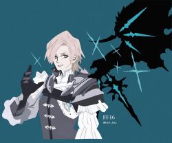 Rule 34 | 1boy, armor, black gloves, blonde hair, blue background, brown eyes, dion lesage, final fantasy, final fantasy xvi, frilled sleeves, frills, gloves, hand up, kuroihato, long sleeves, looking at viewer, male focus, medium hair, parted bangs, parted lips, shirt, shoulder armor, single wing, smile, solo, swept bangs, twitter username, upper body, white shirt, wings