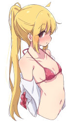 Rule 34 | 1girl, bikini, blonde hair, bocchi the rock!, breasts, collarbone, highres, ijichi nijika, long hair, looking at viewer, mel (melty pot), navel, red bikini, side ponytail, simple background, small breasts, solo, swimsuit, white background