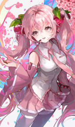 Rule 34 | 1girl, blue background, blush, cherry blossoms, cherry hair ornament, collared shirt, commentary, commentary request, detached sleeves, food-themed hair ornament, hair ornament, hatsune miku, headset, highres, hyatsu, long hair, looking at viewer, necktie, open mouth, pink eyes, pink hair, pink necktie, sakura miku, shirt, simple background, sleeveless, sleeveless shirt, smile, solo, standing, twintails, upper body, very long hair, vocaloid, white shirt