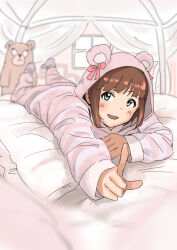 Rule 34 | 1girl, amami haruka, animal hood, annko, aqua eyes, bed, blunt bangs, blurry, blurry background, blurry foreground, blush, brown hair, canopy bed, curtains, eyelashes, hair ribbon, highres, hood, idolmaster, idolmaster (classic), idolmaster million live!, idolmaster million live! theater days, index finger raised, lying, on bed, on stomach, pajamas, pillow, pink pajamas, pink ribbon, ribbon, smile, solo, stuffed animal, stuffed toy, teddy bear, window