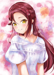 Rule 34 | 1girl, absurdres, arm behind back, artist name, artist request, blush, breasts, brown eyes, collarbone, dress, earrings, feather earrings, feathers, female focus, from behind, hair between eyes, hair ornament, hairclip, highres, jewelry, long hair, looking at viewer, looking back, love live!, love live! school idol festival, love live! sunshine!!, love spiral tower (love live!), medium breasts, parted lips, plaid, plaid dress, pleated, pleated dress, puffy short sleeves, puffy sleeves, red hair, sakurauchi riko, short sleeves, smile, solo, the story of feather (love live!), upper body, white dress, yellow eyes