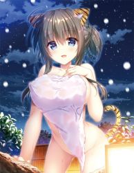Rule 34 | 1girl, animal ears, blue eyes, blush, breasts, brown hair, cat ears, cat tail, cloud, collarbone, covering privates, fence, large breasts, long hair, looking at viewer, naked towel, night, nipples, nude, onsen, open mouth, plant, rock, side ponytail, sky, smile, snow, standing, star (sky), starry sky, tail, tiger ears, tiger girl, tiger tail, toranoana, towel, tree, wet, wooden fence, yuzuna hiyo