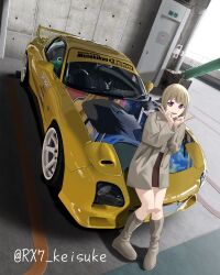 1girl :d absurdres black_skirt blush boots brown_hair car character_name coat collared_coat commentary_request full_body grey_coat grey_footwear highres itasha looking_at_viewer love_live! love_live!_nijigasaki_high_school_idol_club mazda mazda_rx-7 mazda_rx-7_fd miniskirt motor_vehicle nakasu_kasumi official_alternate_costume open_clothes open_coat open_mouth outdoors pink_eyes s_sho_mkrn shirt short_hair skirt smile solo song_name teeth twitter_username upper_teeth_only white_shirt yellow_car