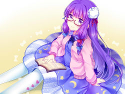 Rule 34 | 1girl, alternate costume, alternate hairstyle, alternate headwear, bespectacled, blue dress, blush, book, bow, bun cover, double bun, dress, glasses, gradient background, hair bow, hair bun, hair ornament, heart, long hair, long sleeves, looking at viewer, open book, open mouth, pantyhose, patchouli knowledge, print pantyhose, purple eyes, purple hair, rimu (kingyo origin), sitting, smile, solo, tareme, touhou, vest, white pantyhose, yellow background