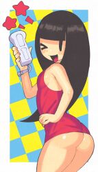 Rule 34 | 1girl, ass, black hair, blush, breasts, butt crack, character request, checkered background, controller, dress, game controller, hand on own hip, highres, inkerton-kun, long hair, looking at viewer, minna no rhythm tengoku, mob face, no panties, one eye closed, red dress, rhythm tengoku, small breasts, smile, star (symbol), thighs, wii remote