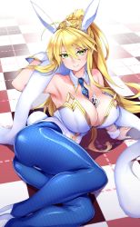 Rule 34 | 1girl, animal ears, artoria pendragon (all), artoria pendragon (fate), artoria pendragon (swimsuit ruler) (fate), ass, bare shoulders, between breasts, blonde hair, blue necktie, blue pantyhose, blush, braid, breasts, card, checkered floor, cleavage, closed mouth, clothing cutout, detached collar, fake animal ears, fate/grand order, fate (series), fishnet pantyhose, fishnets, french braid, green eyes, hair between eyes, highres, large breasts, leotard, long hair, looking at viewer, navel, navel cutout, necktie, oohira sunset, pantyhose, playboy bunny, playing card, ponytail, rabbit ears, rabbit tail, sidelocks, smile, solo, tail, thighs, tiara, white leotard, wrist cuffs