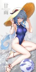 Rule 34 | 1girl, absurdres, bare shoulders, blue hair, blue one-piece swimsuit, breasts, ganyu (genshin impact), genshin impact, hat, highleg, highleg swimsuit, highres, horns, kokuusinsin, legs together, looking at viewer, navel, one-piece swimsuit, purple eyes, see-through, see-through sleeves, sitting, skin tight, skindentation, smile, solo, sun hat, swimsuit, swimsuit cover-up, water