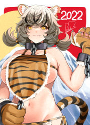 Rule 34 | 1girl, 2022, animal hands, animal print, black collar, black hair, breasts, brown gloves, chain, chinese zodiac, closed mouth, collar, commentary request, fang, gloves, grey hair, koukoku, large breasts, looking at viewer, multicolored hair, navel, original, paw gloves, short hair, short twintails, signature, skindentation, smile, solo, striped tail, tail, tiger print, tiger tail, twintails, white hair, year of the tiger, yellow eyes
