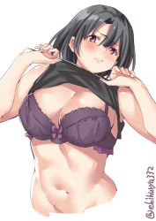 Rule 34 | 1girl, black hair, black shirt, blush, bra, breasts, cleavage, closed mouth, cropped torso, ebifurya, embarrassed, highres, kantai collection, large breasts, looking at viewer, navel, purple bra, red eyes, shirt, short hair, simple background, solo, takao (kancolle), twitter username, underwear, undressing, upper body, white background