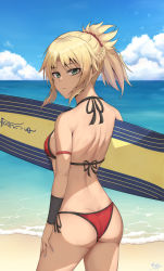 Rule 34 | 1girl, absurdres, ass, bikini, blonde hair, blue sky, braid, breasts, cloud, day, fate/grand order, fate (series), french braid, green eyes, hair ornament, hair scrunchie, highres, holding, holding surfboard, mordred (fate), mordred (fate) (all), mordred (swimsuit rider) (fate), mordred (swimsuit rider) (first ascension) (fate), ocean, outdoors, ponytail, prydwen (fate), red bikini, red scrunchie, reinaz, scrunchie, side-tie bikini bottom, sky, small breasts, solo, standing, string bikini, surfboard, swimsuit