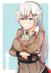 Rule 34 | 1girl, absurdres, belt, black gloves, blue background, breasts, brown jacket, crossed arms, cup, girls&#039; frontline, gloves, grey eyes, grey hair, hair ornament, hairclip, highres, huge filesize, jacket, leaning forward, long hair, looking at viewer, medium breasts, military, military uniform, muteppona hito, shirt, simple background, smile, solo, svd (girls&#039; frontline), white hair, white shirt