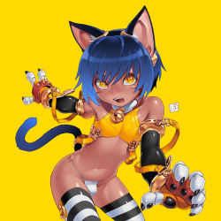 Rule 34 | 1boy, animal ears, bell, blue hair, bulge, cat boy, cat ears, cat tail, collar, dark-skinned male, dark skin, fangs, gloves, male focus, neck bell, no pants, open mouth, original, panties, po-ju, signature, simple background, slit pupils, solo, striped clothes, striped thighhighs, tail, thighhighs, trap, underwear, yellow eyes